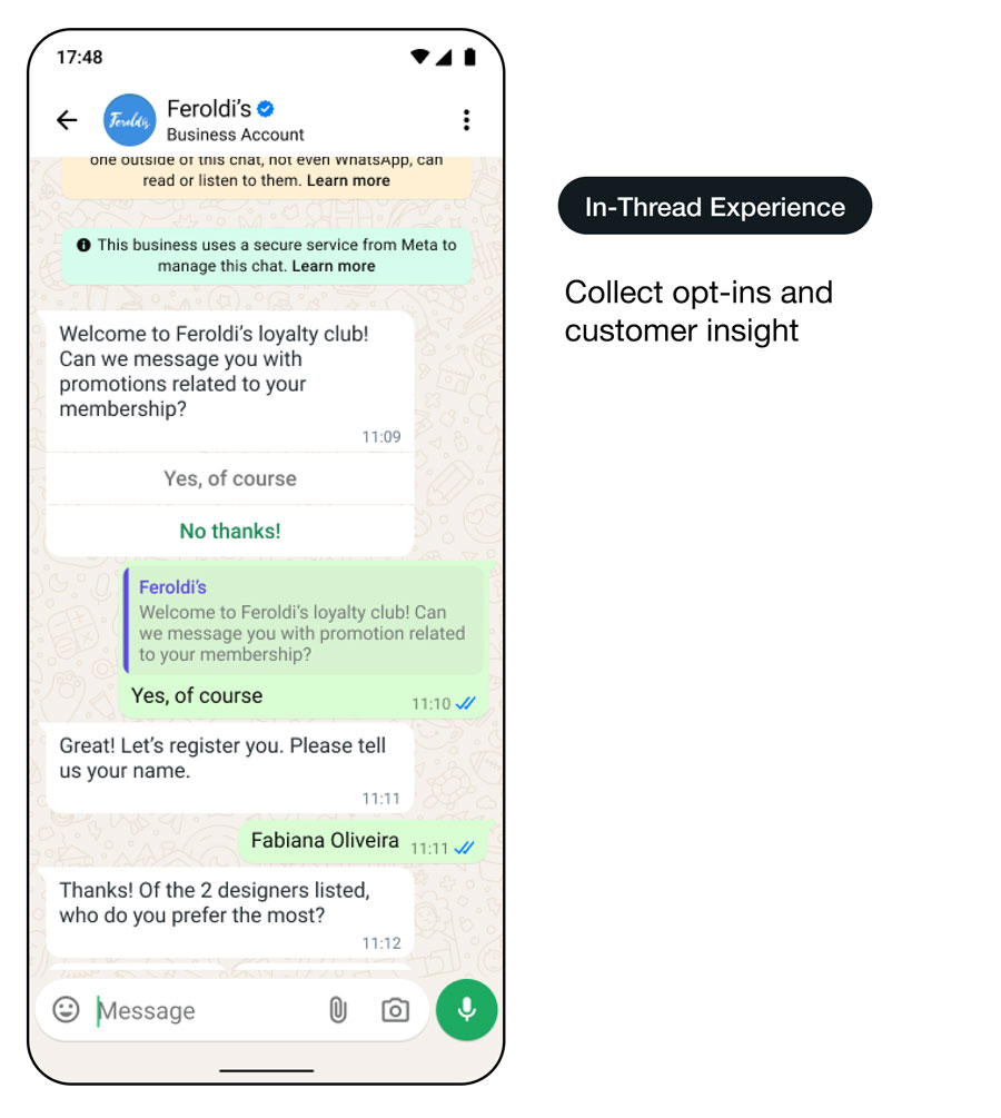 Démo d’une interface d’utilisation de WhatsApp diffusant des promotions performantes : expérience dans le fil de discussion