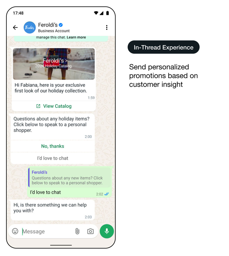 Démo d’une interface d’utilisation de WhatsApp diffusant des promotions performantes : expérience dans le fil de discussion