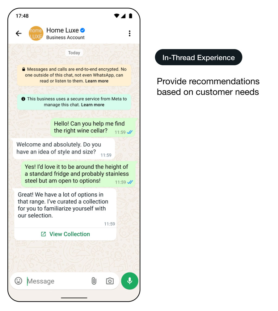 Démo d’une interface d’utilisation de WhatsApp offrant une expérience d’achat consultative : expérience dans le fil de discussion