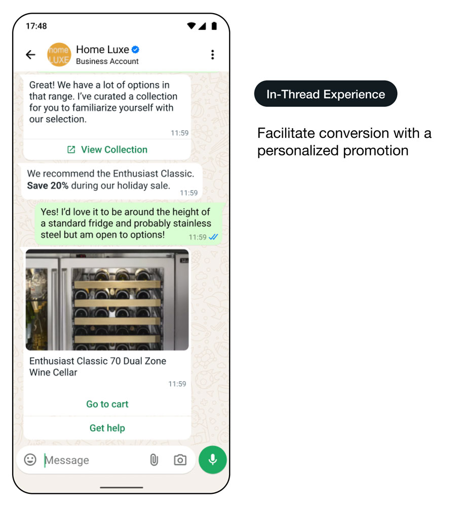 Démo d’une interface d’utilisation de WhatsApp offrant une expérience d’achat consultative : expérience dans le fil de discussion