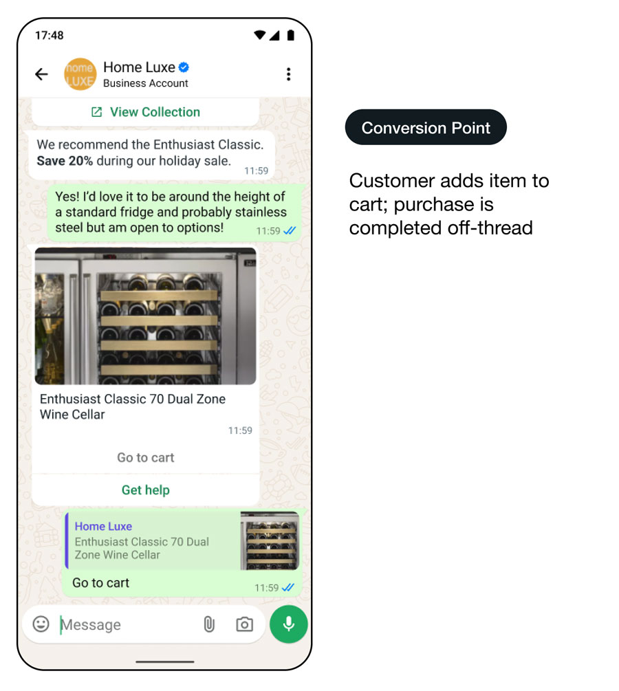 Démo d’une interface d’utilisation de WhatsApp offrant une expérience d’achat consultative : point de conversion