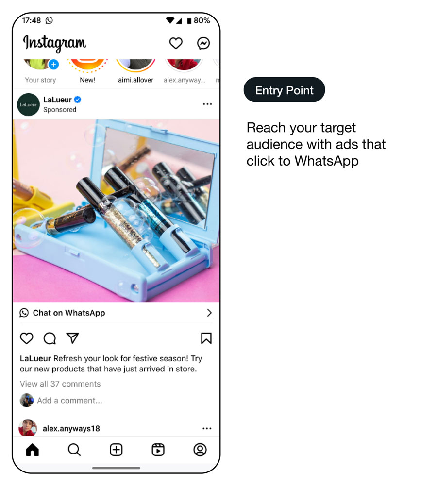Démo d’une interface d’utilisation de WhatsApp montrant le passage du commerce en ligne au commerce hors ligne - point d’entrée