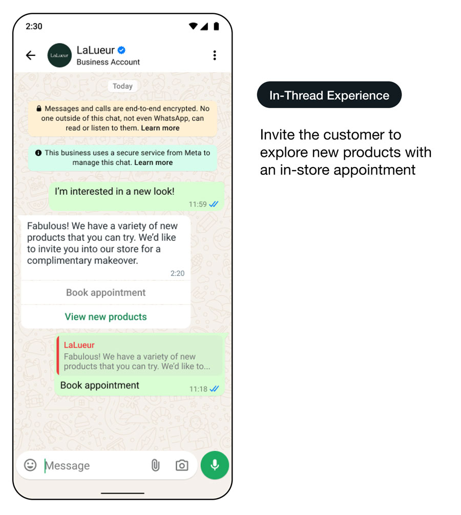 Démo d’une interface d’utilisation de WhatsApp montrant le passage du commerce en ligne au commerce hors ligne : expérience dans le fil de discussion
