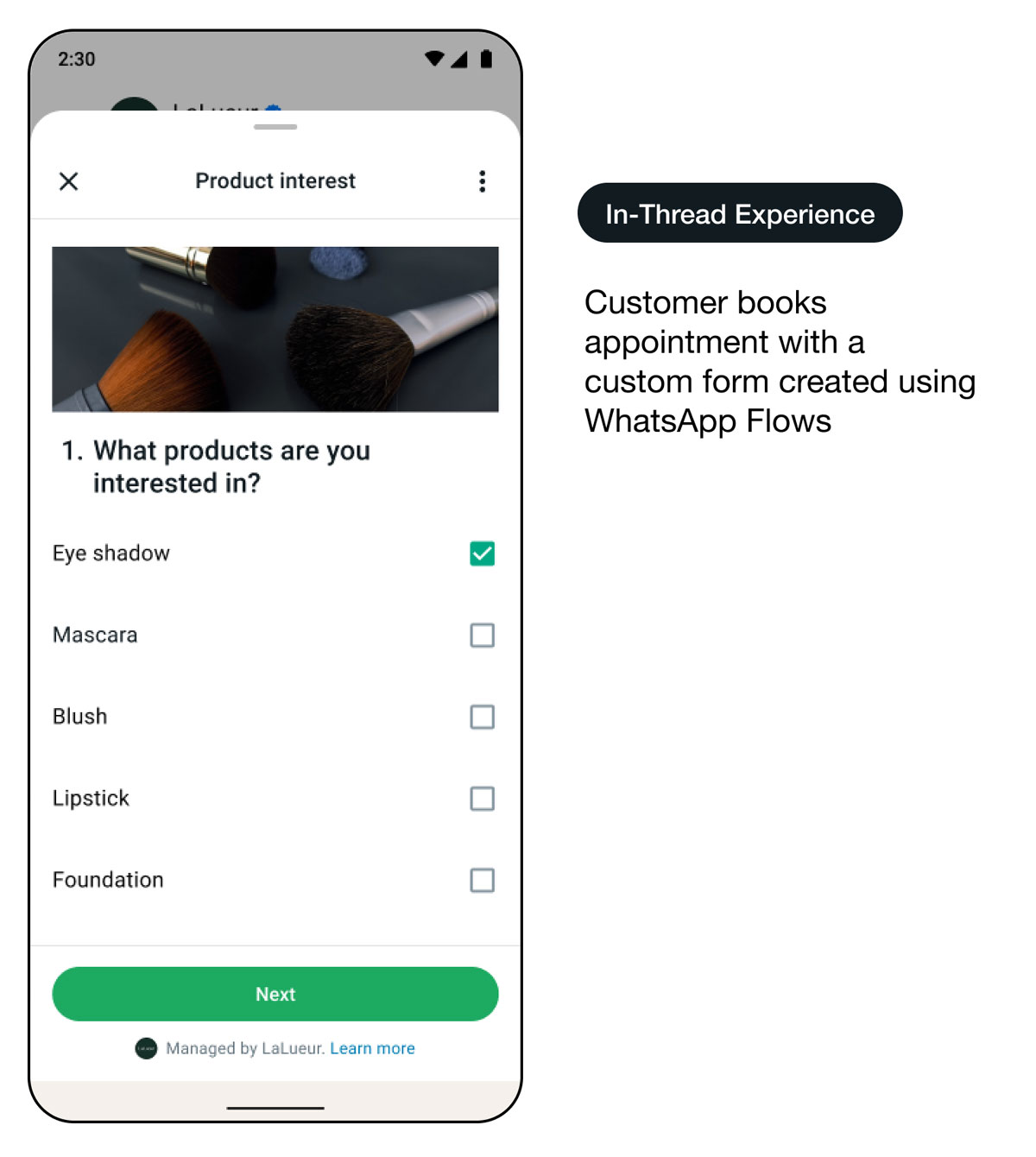 Démo d’une interface d’utilisation de WhatsApp montrant le passage du commerce en ligne au commerce hors ligne : expérience dans le fil de discussion