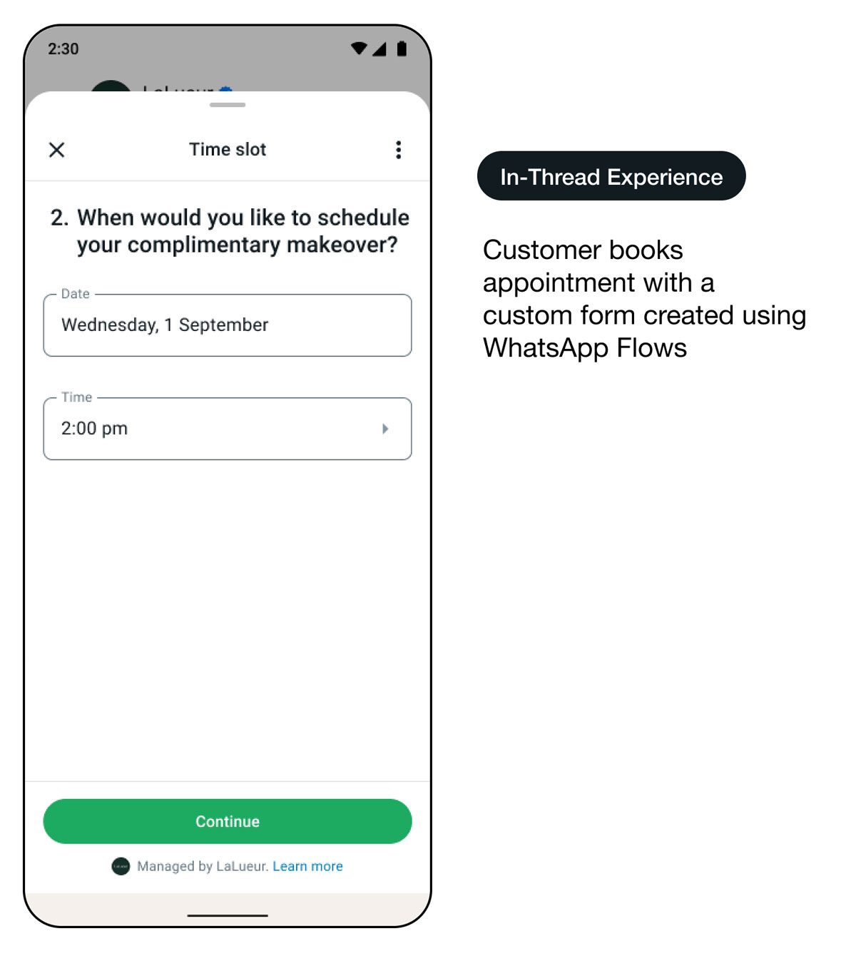 Démo d’une interface d’utilisation de WhatsApp montrant le passage du commerce en ligne au commerce hors ligne : expérience dans le fil de discussion