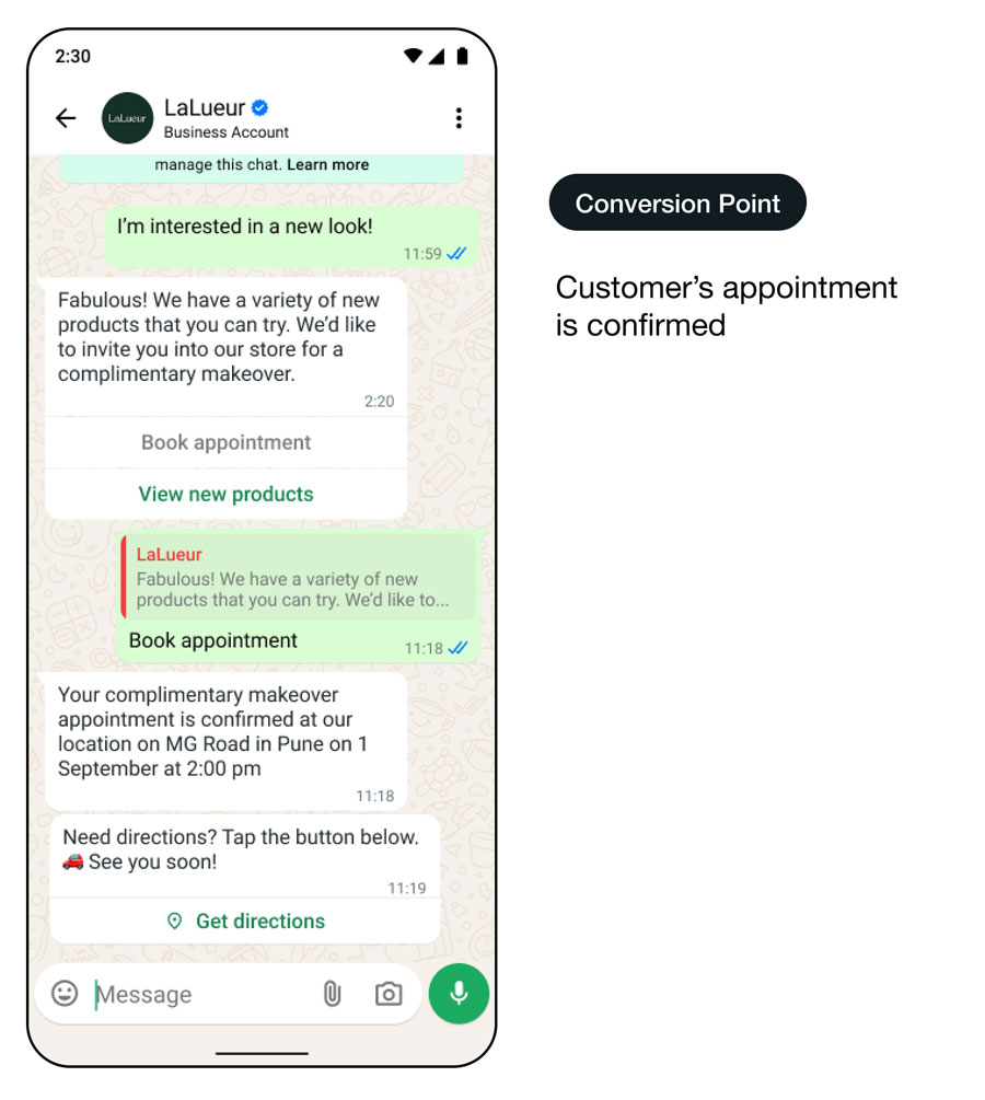 Démo d’une interface d’utilisation de WhatsApp montrant le passage du commerce en ligne au commerce hors ligne : point de conversion