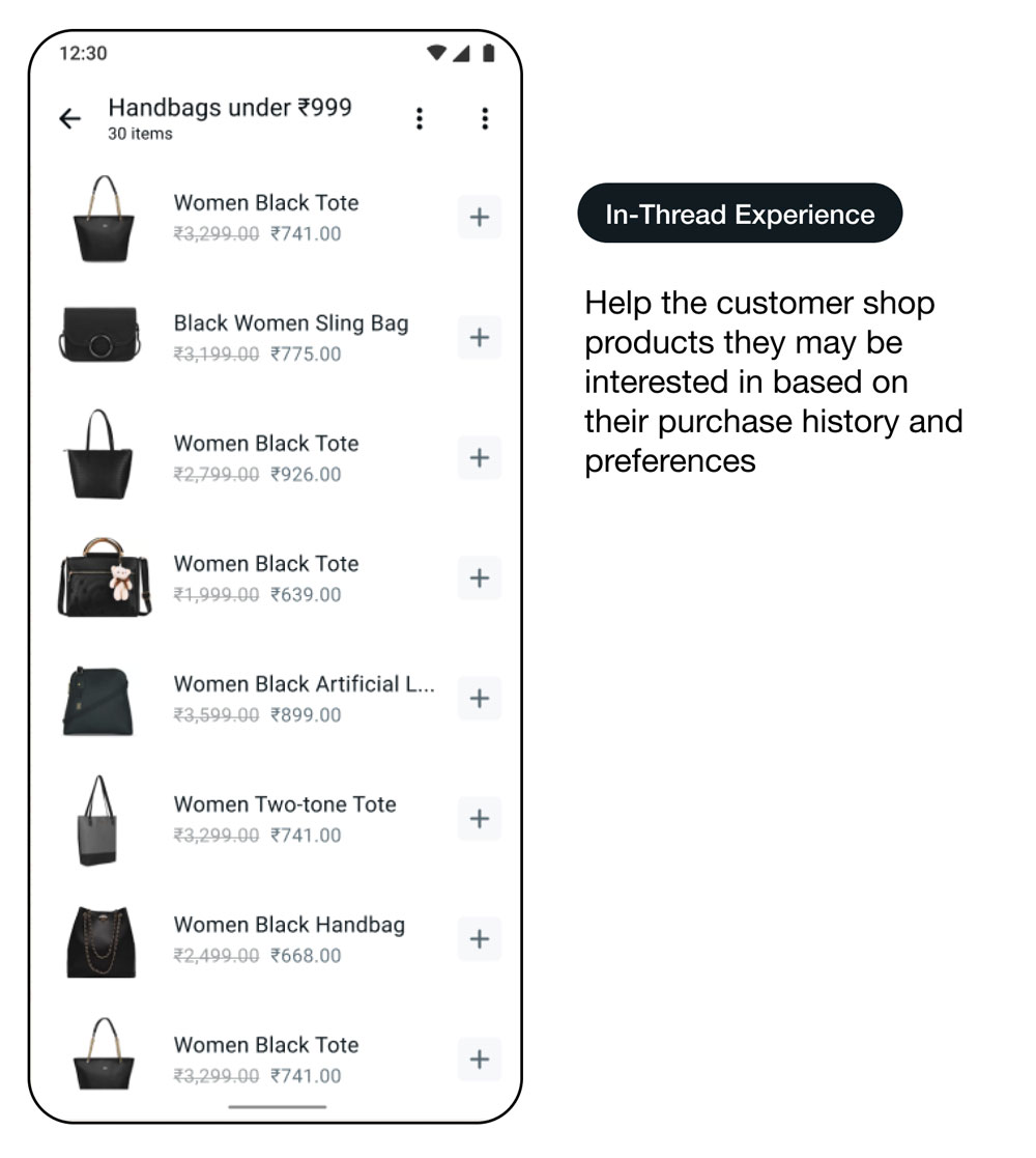 Démo d’une interface d’utilisation de WhatsApp qui relance la clientèle avec des produits pertinents, expérience dans le fil de discussion