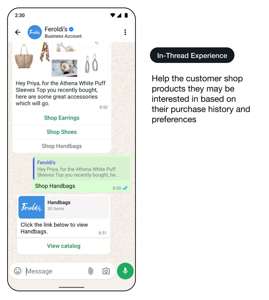 Démo d’une interface d’utilisation de WhatsApp qui relance la clientèle avec des produits pertinents, expérience dans le fil de discussion