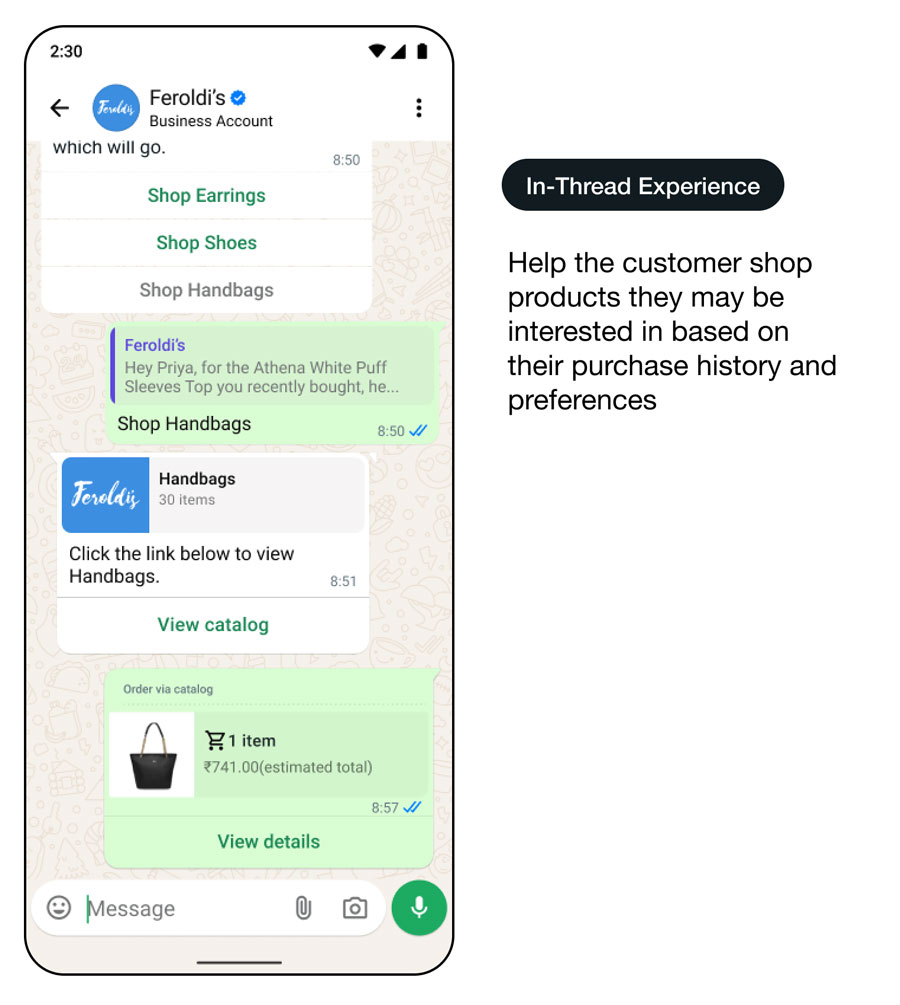 Démo d’une interface d’utilisation de WhatsApp qui relance la clientèle avec des produits pertinents, expérience dans le fil de discussion