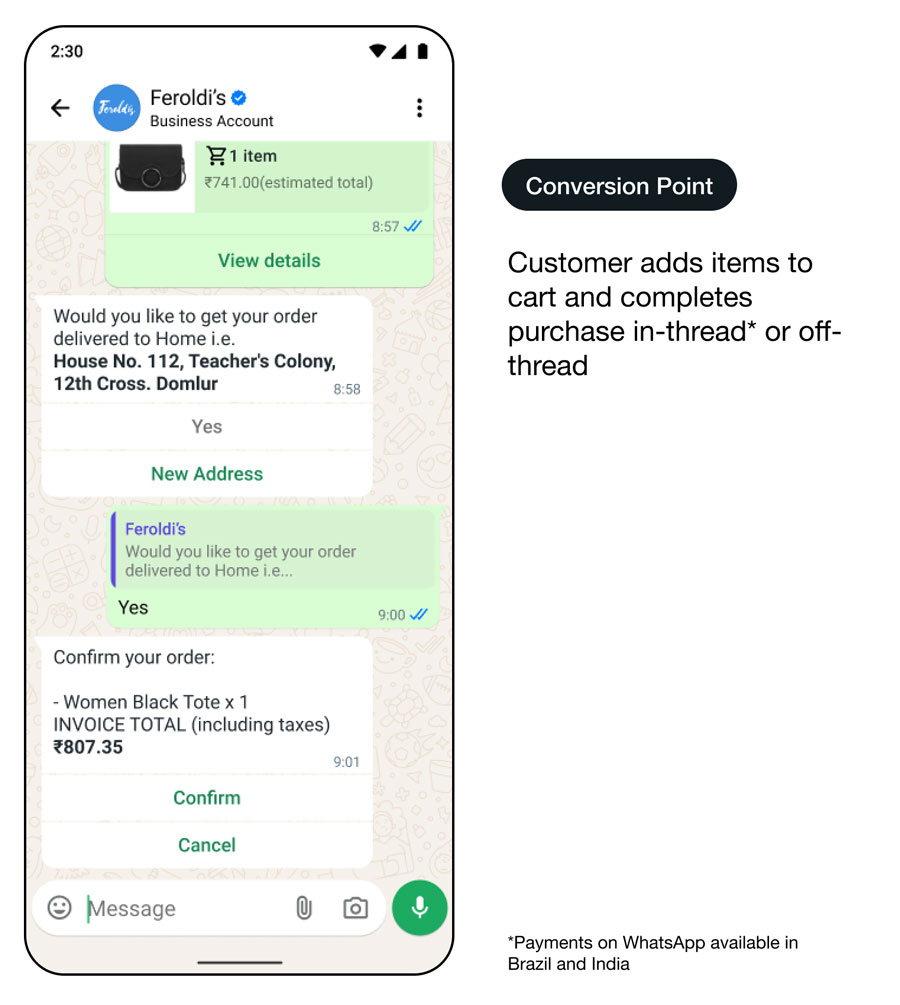 Démo d’une interface d’utilisation de WhatsApp permettant de raviver l’intérêt de la clientèle avec des produits connexes : point de conversion