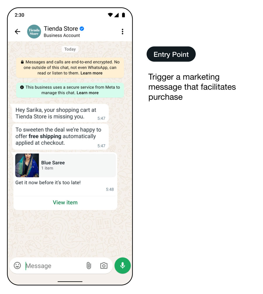 Démo d’une interface d’utilisation de WhatsApp permettant de récupérer les paniers abandonnés - point d’entrée