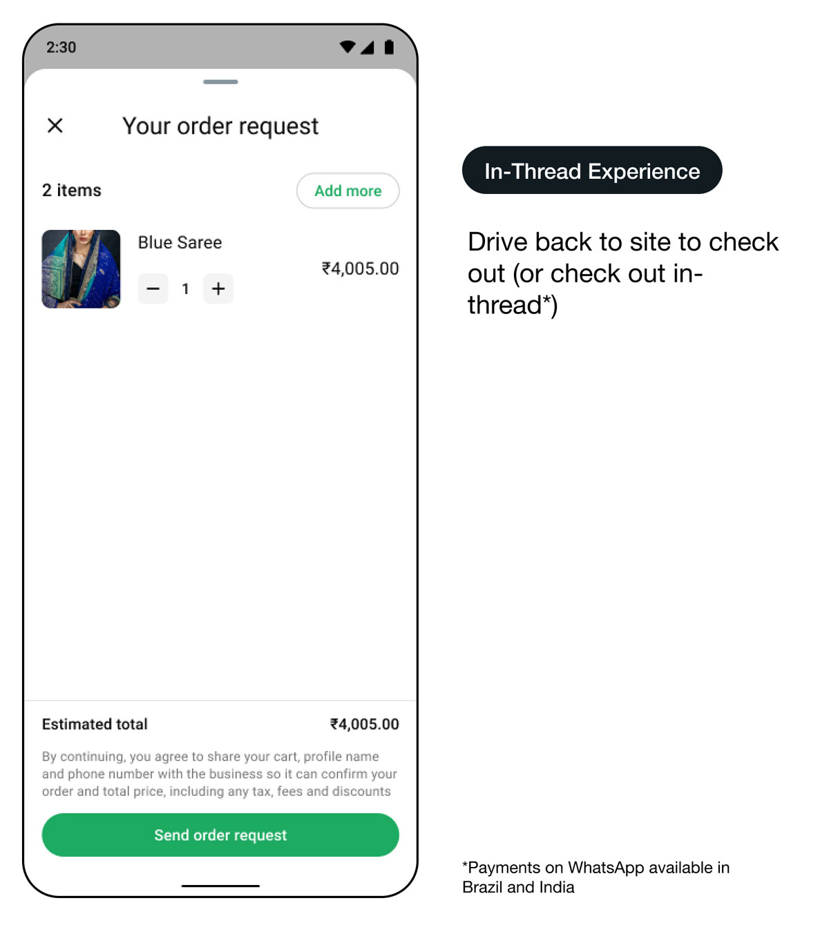 Démo d’une interface d’utilisation de WhatsApp permettant de récupérer les paniers abandonnés - expérience dans le fil de discussion