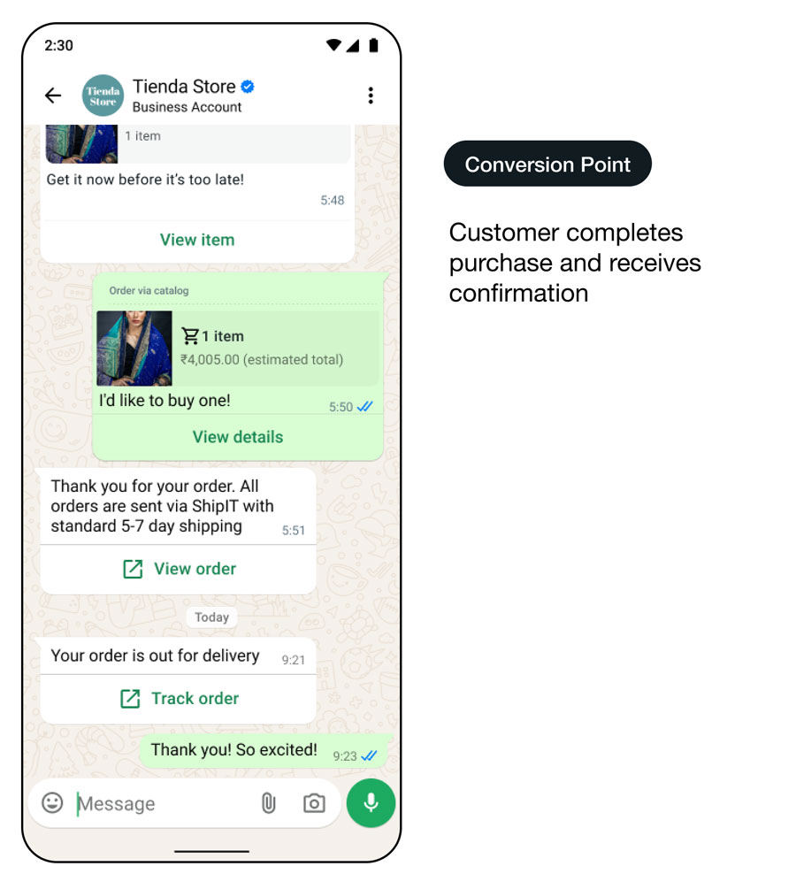Démo d’une interface d’utilisation de WhatsApp permettant de récupérer les paniers abandonnés - expérience dans le fil de discussion