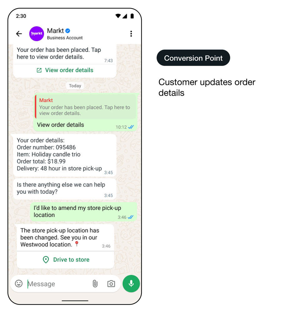 Démo d’une interface d’utilisation de WhatsApp optimisant les communications relatives au traitement des commandes : point de conversion