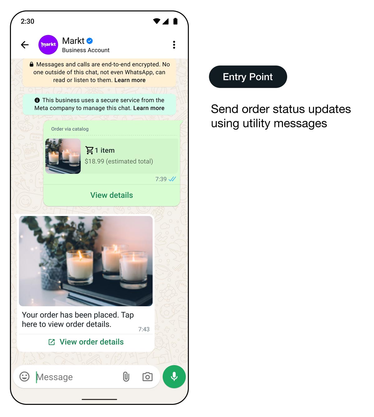 Démo d’une interface d’utilisation présentant un parcours clientèle avec des exemples de messages automatiques : point d’entrée