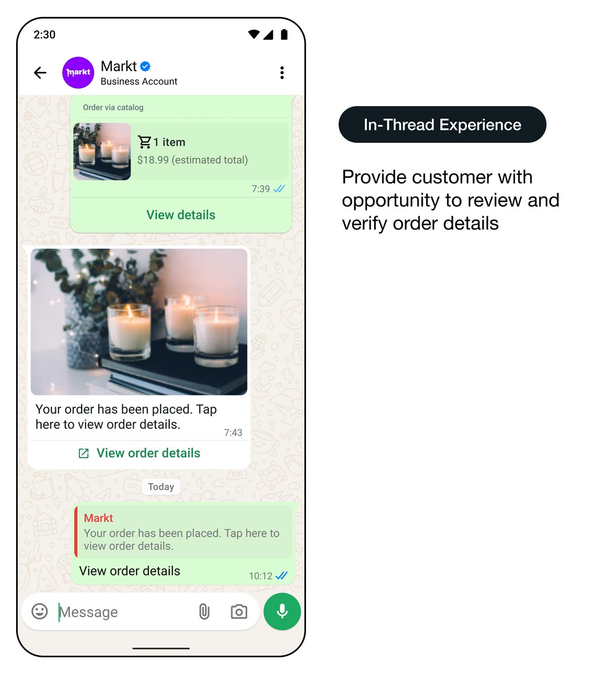 Démo d’une interface d’utilisation présentant un parcours clientèle avec des exemples de messages automatiques : expérience dans le fil de discussion