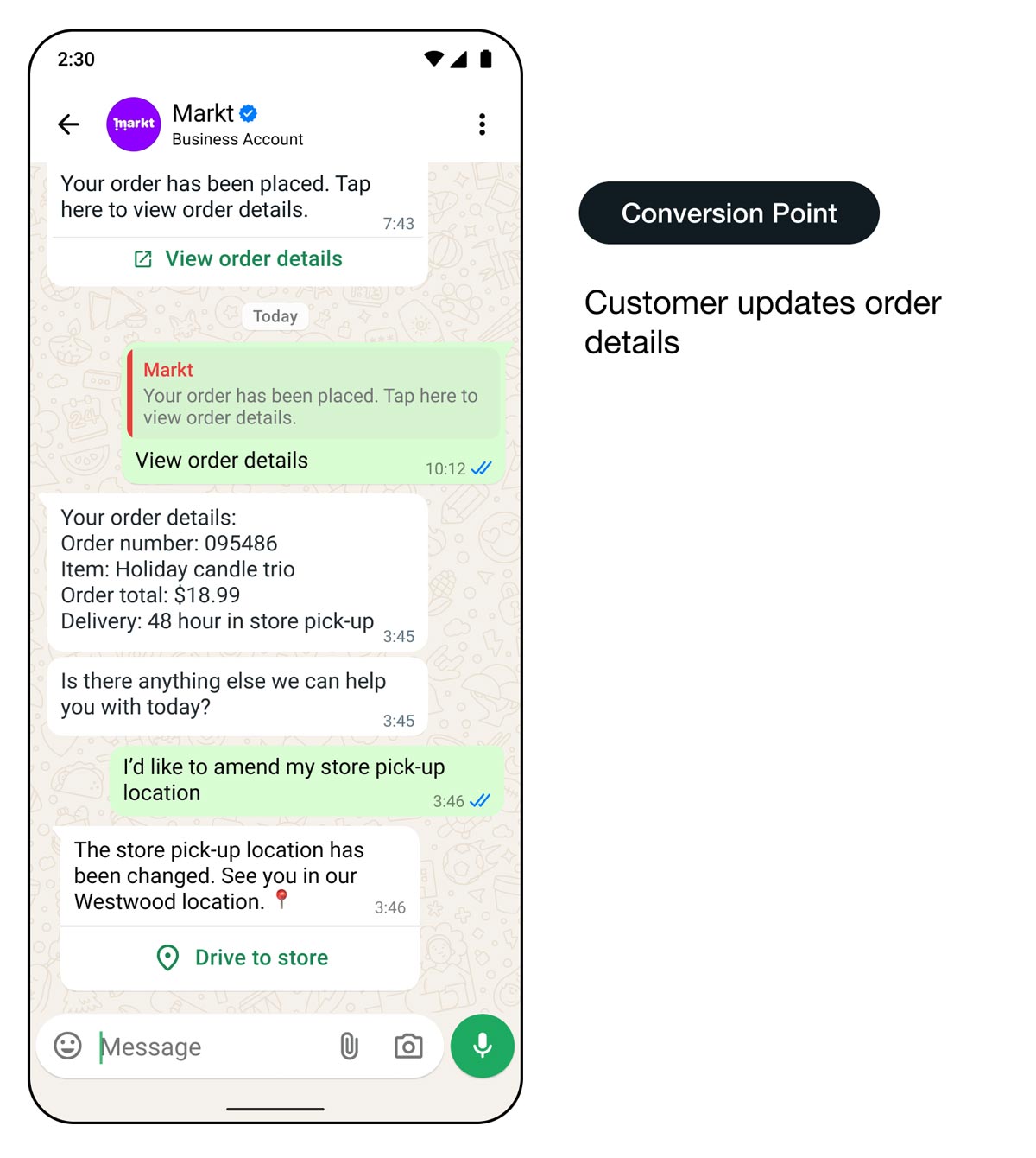 Démo d’une interface d’utilisation présentant un parcours clientèle avec des exemples de messages automatisés : point de conversion