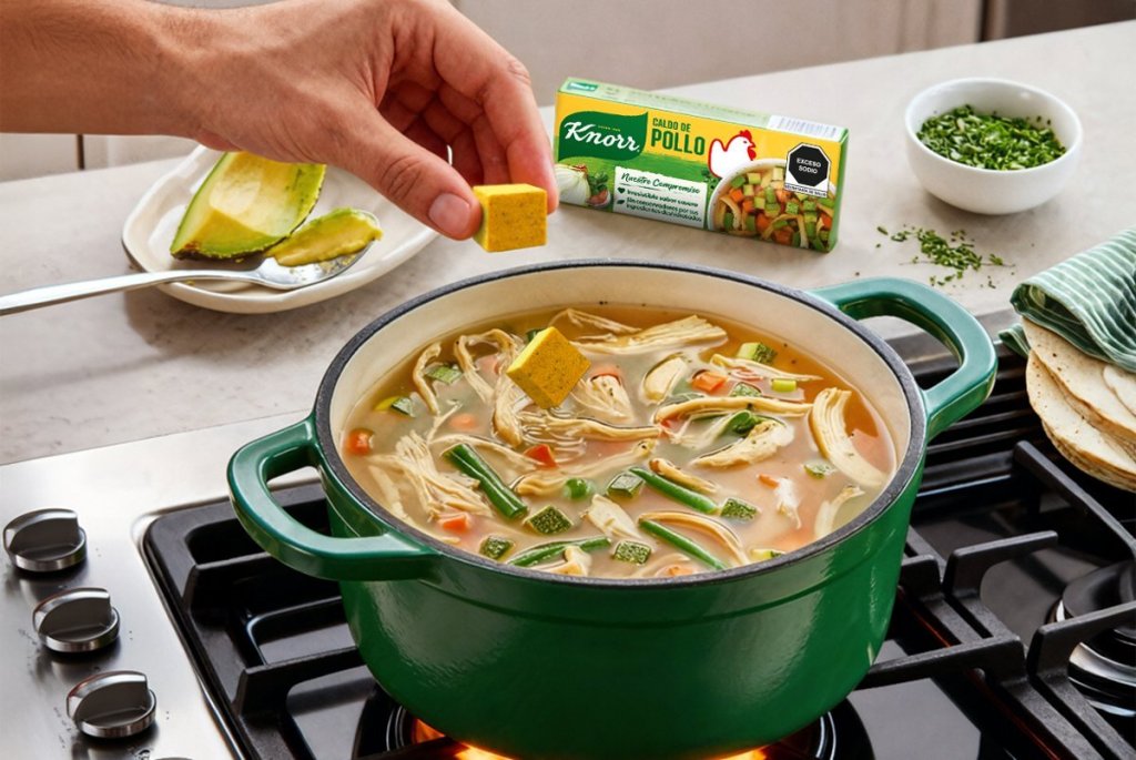 एक व्यक्ति सूप में Knorr का बूयॉन (शोरबा क्यूब) डाल रहा है