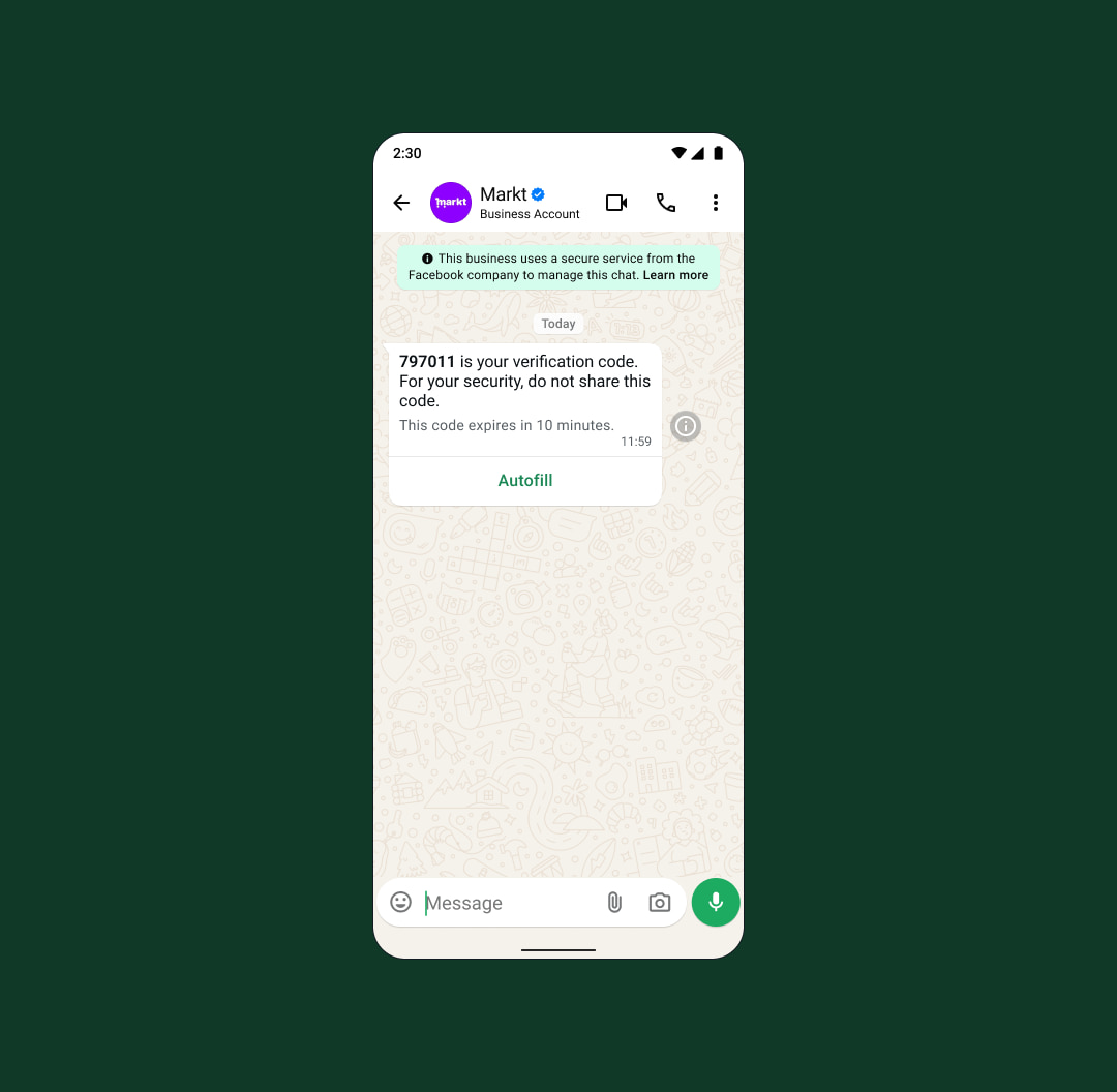 contoh autentikasi kata sandi sekali pakai berbasis waktu TOTP untuk verifikasi keamanan di aplikasi whatsapp business