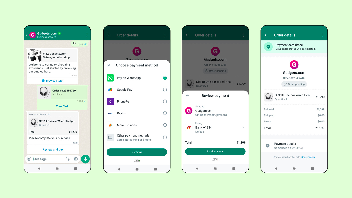 चार मोबाइल पर WhatsApp चैट दिख रही है जिनमें से एक मोबाइल पर Gadgets.com खुला है. पहले फ़ोन में कस्टमर हेडफ़ोन ऑर्डर कर रहा है. दूसरे फ़ोन में पेमेंट के तरीके के विकल्प दिखाए गए हैं, जिसमें