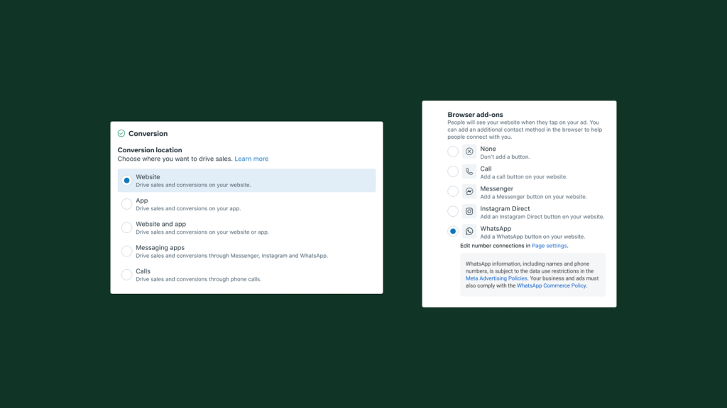 Example setup of website to WhatsApp ads