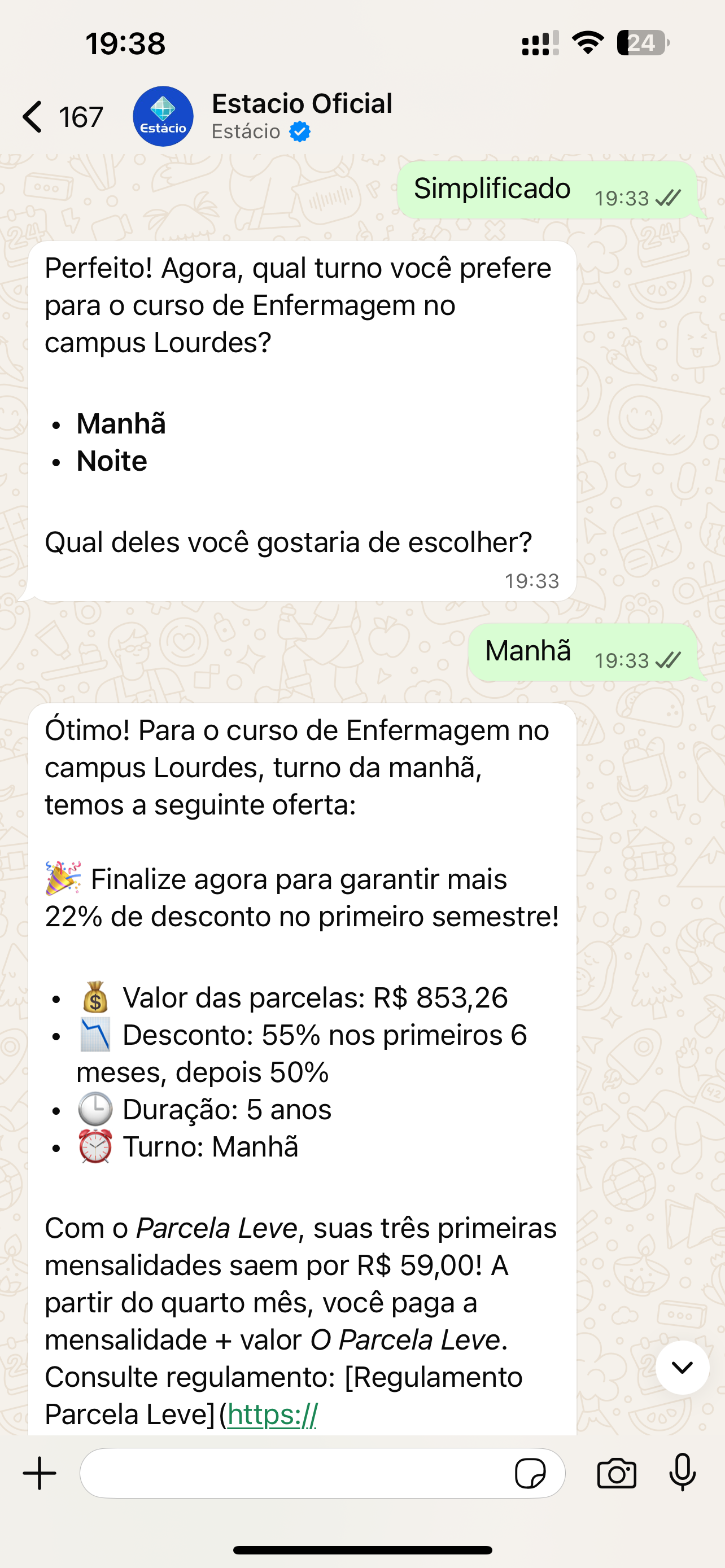 Exemple de discussion entre un prospect et YDUQS sur WhatsApp.