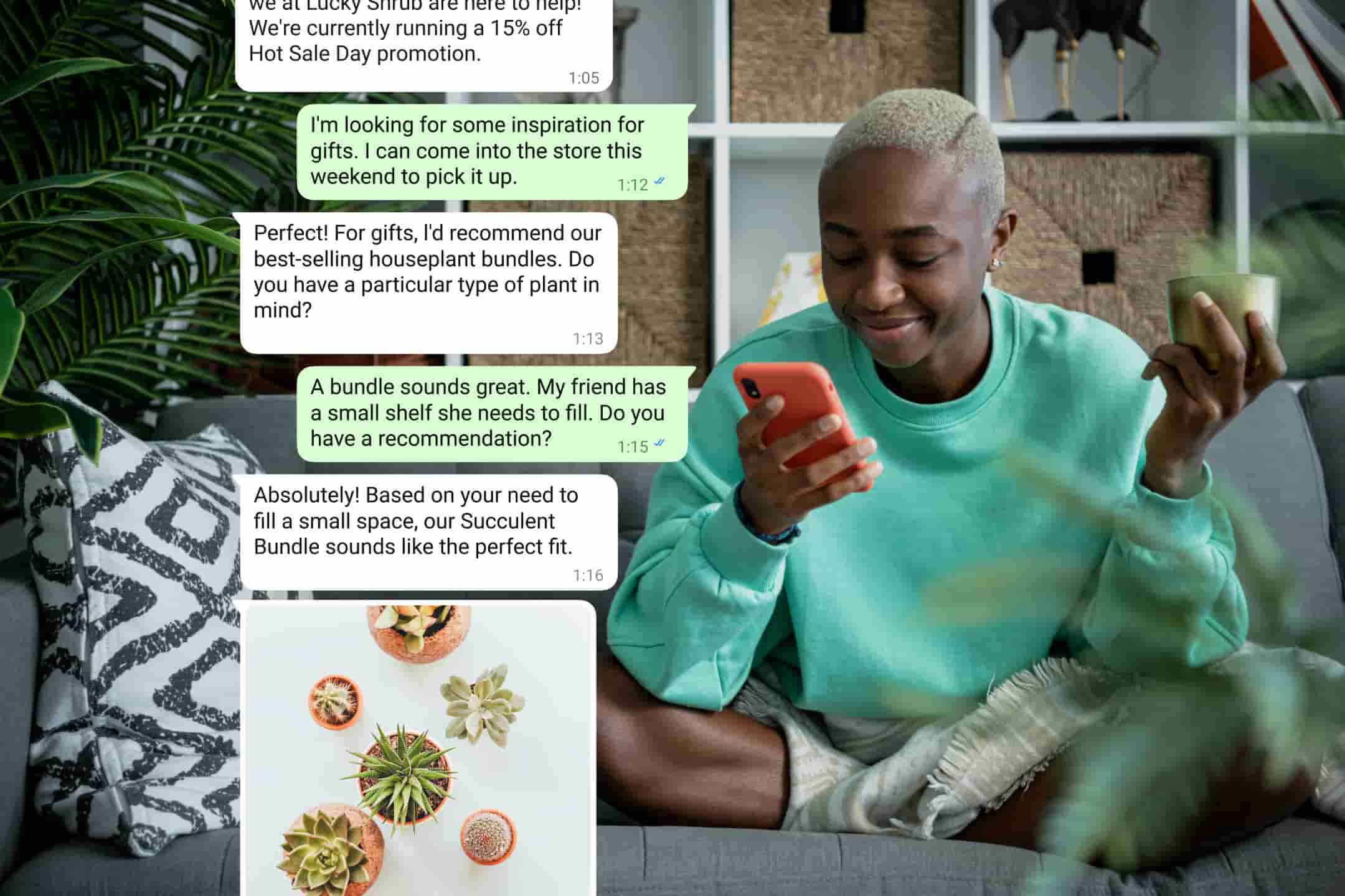 live chat support messages between a customer and business for gift recommendations on whatsapp business app