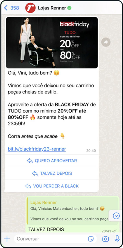 Une conversation WhatsApp entre une personne et Lojas Renner
