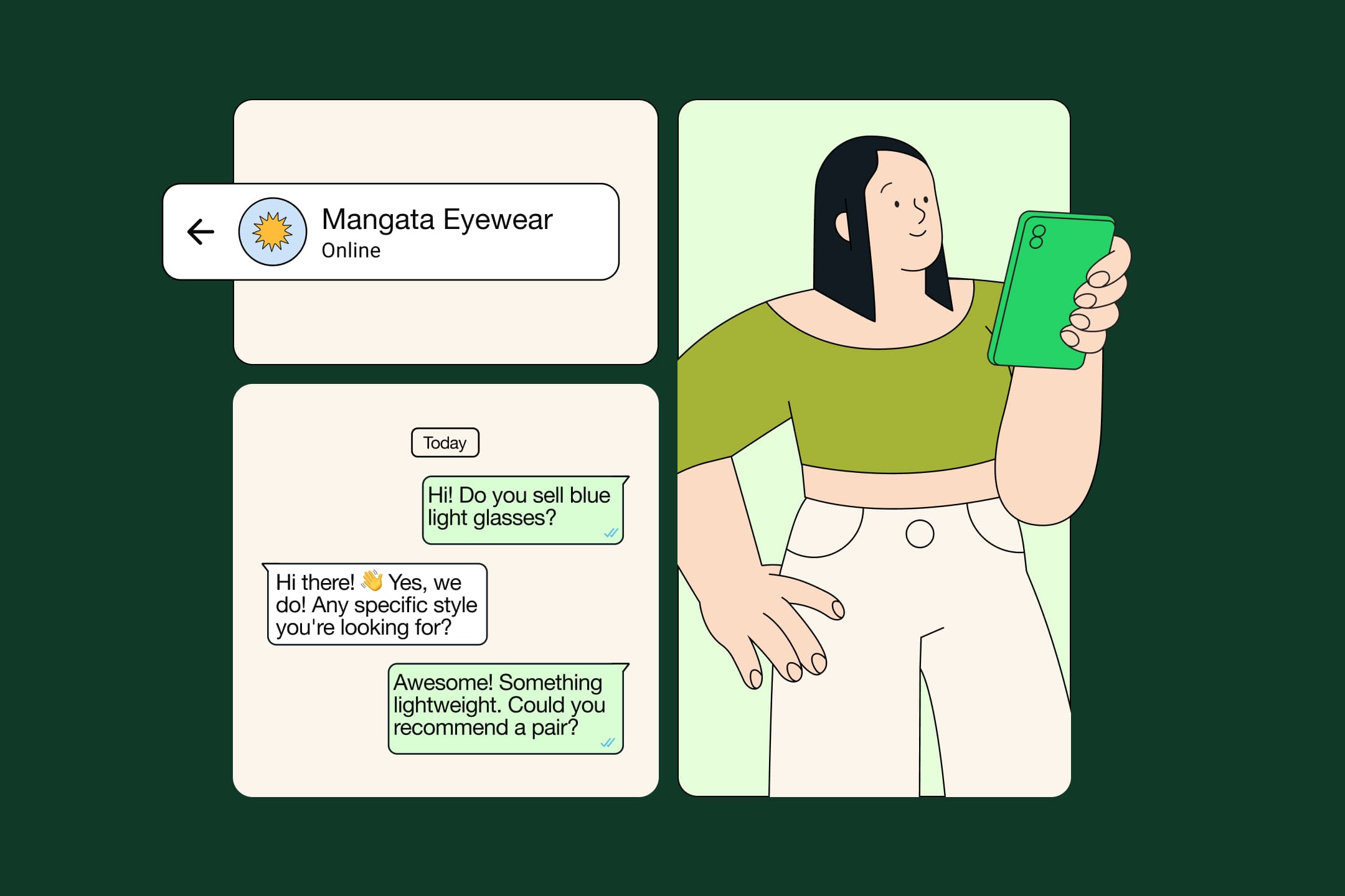 illustration d’une discussion en direct entre un client et un service clientèle sur l’application whatsapp business