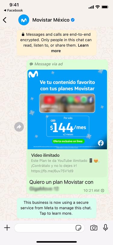 WhatsApp पर Movistar Mexico के साथ कस्टमर की बातचीत का स्क्रीनशॉट.