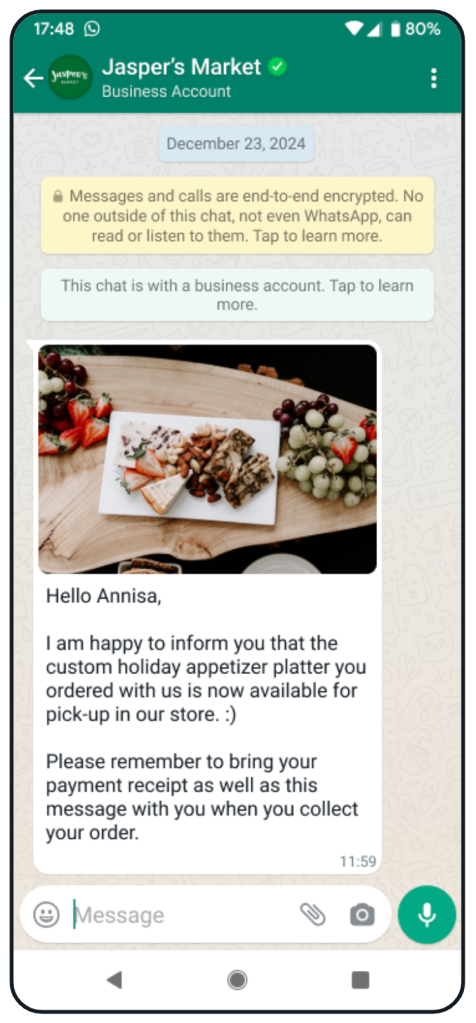 Conversation WhatsApp entre une personne prénommée Annisa et Jasper’s Market