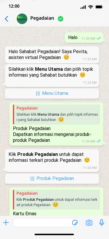 Messages entre une personne cliente et Pegadaian sur WhatsApp.