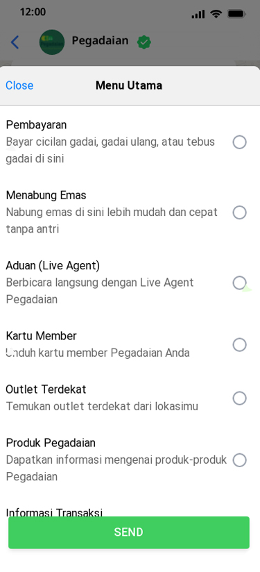 Illustration du menu de Pegadaian consultable par la clientèle sur WhatsApp