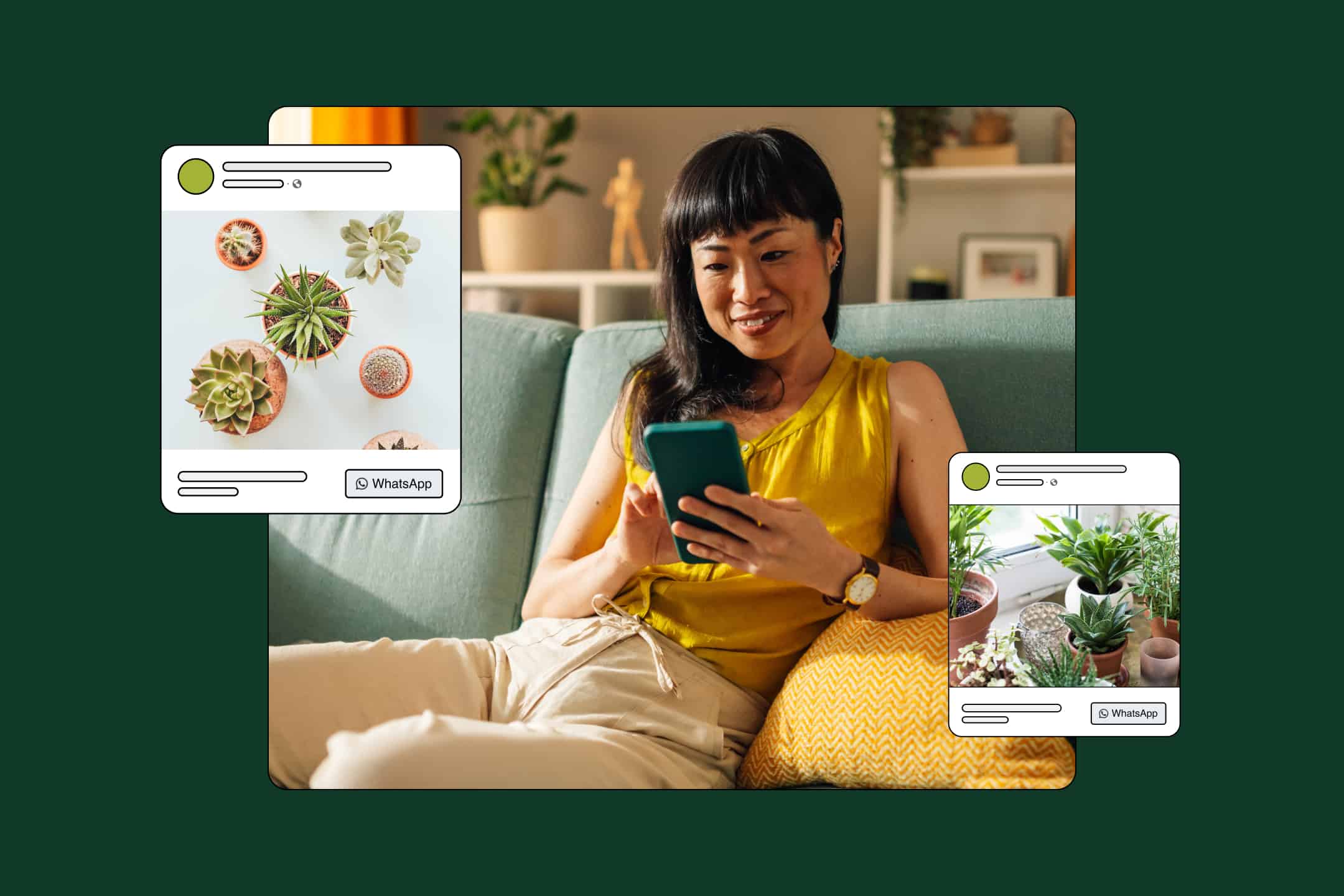 customer viewing remarketing ads via click to whatsapp ads with ad illustrations