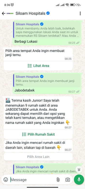 Una conversación de WhatsApp Business con Siloam Hospital