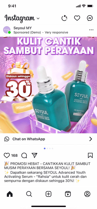 Un écran d’appareil affichant un exemple d’utilisation des publicités clic vers WhatsApp par Thành Vinh Holdings