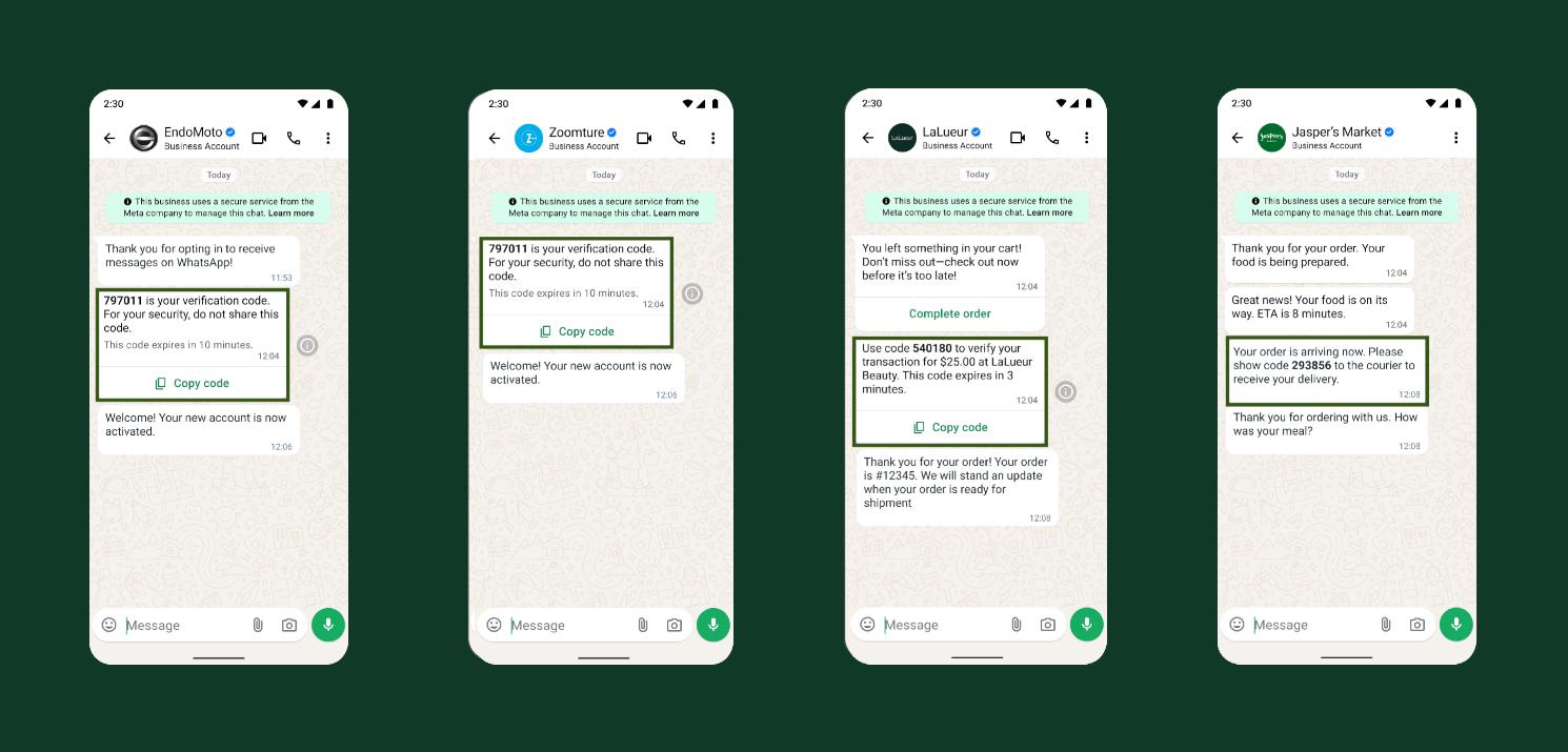 4 contoh kata sandi sekali pakai berbasis waktu TOTP untuk pemulihan akun baru dan autentikasi orderan melalui aplikasi whatsapp business