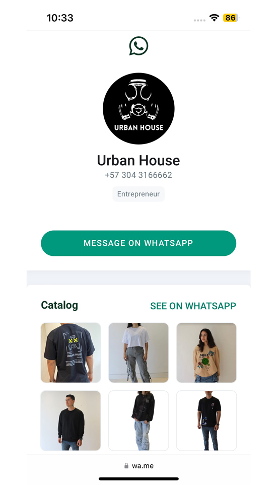 Le profil WhatsApp Business d’UrbanHouse avec le catalogue