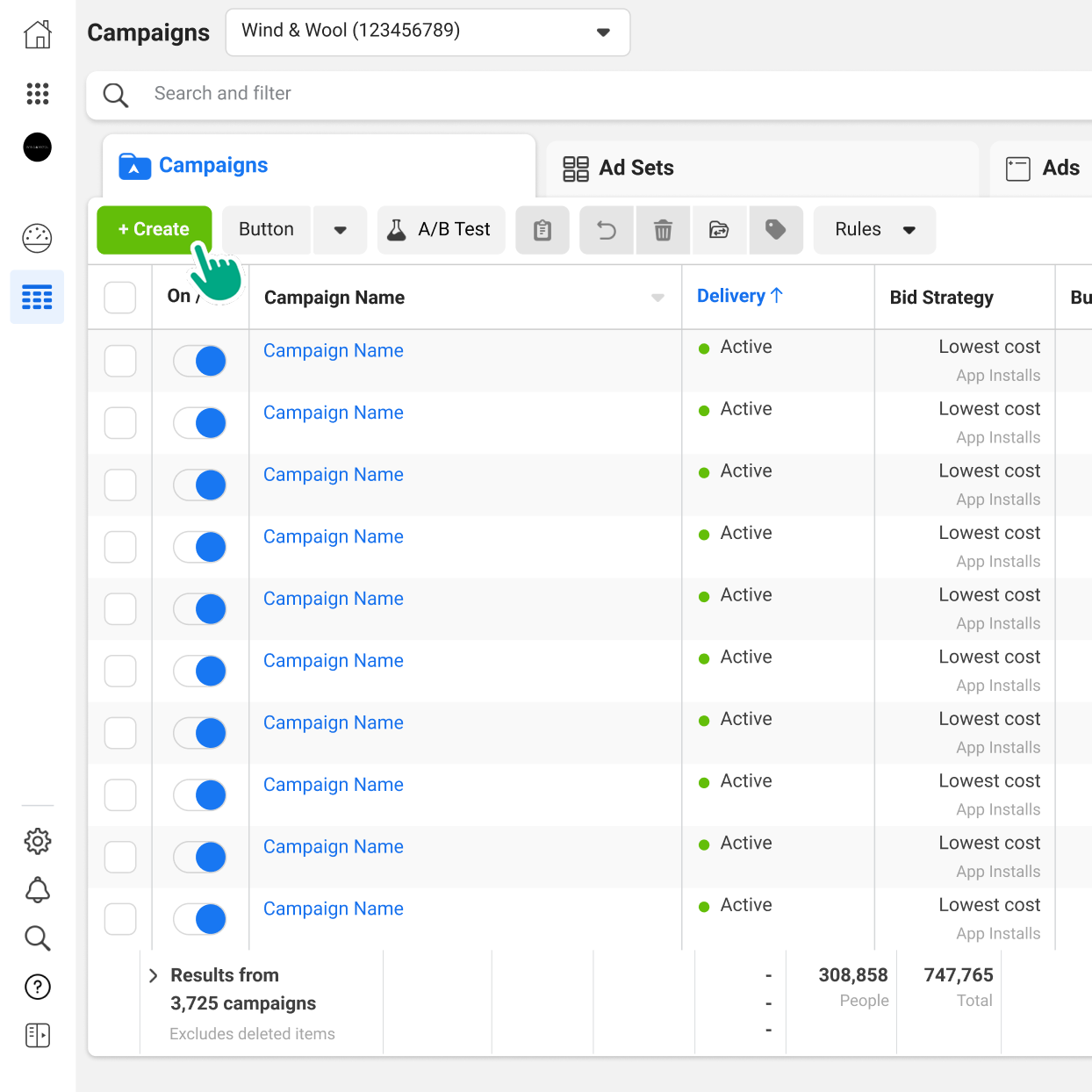 A user on the Ads Manager page. They click on the Create button