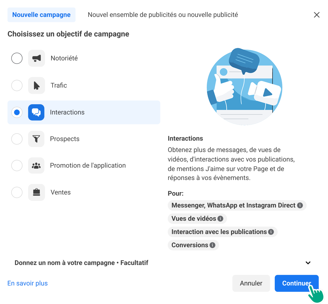 A user selecting a campaign objective from a list of several options and clicking Continue