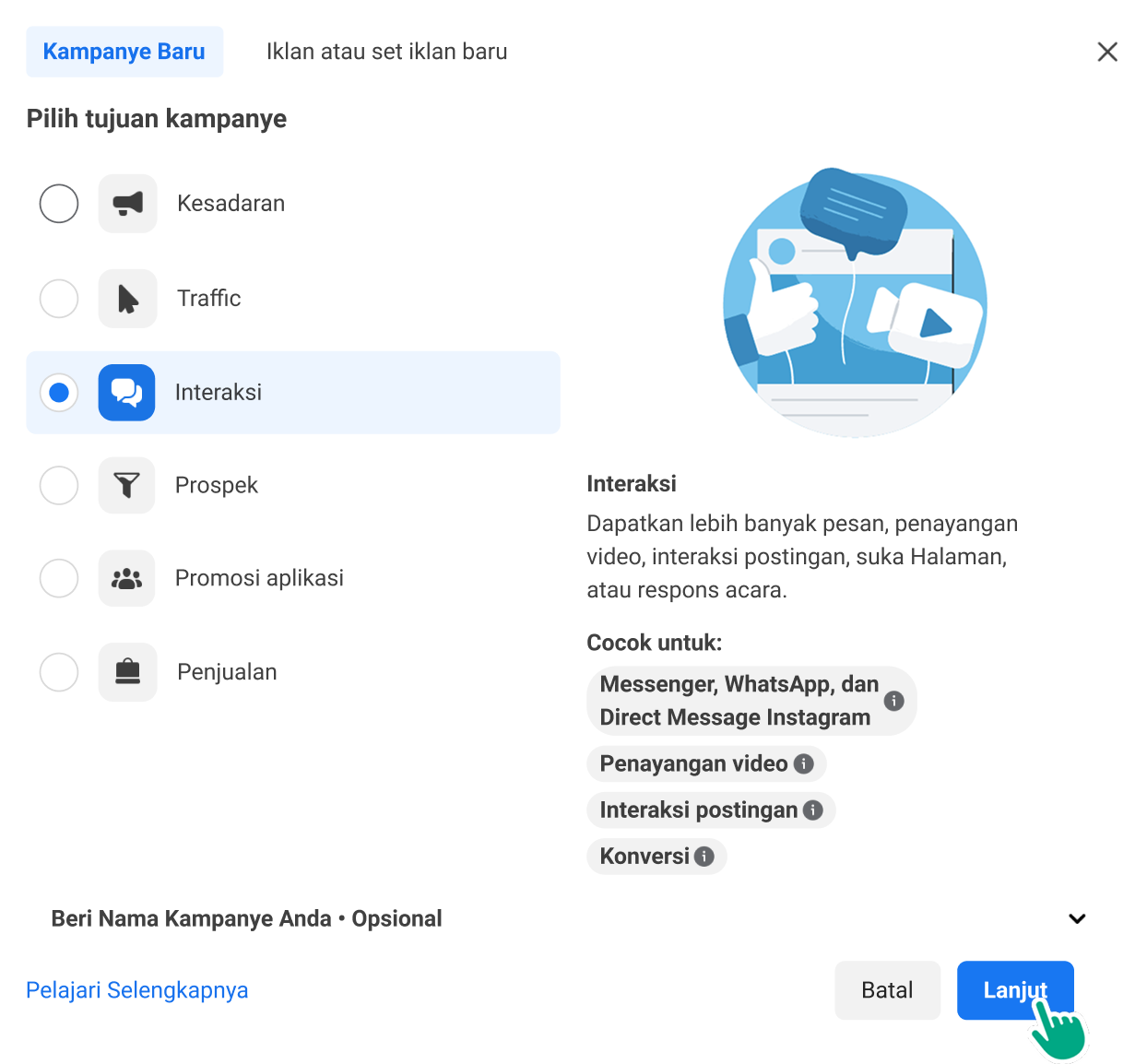 A user selecting a campaign objective from a list of several options and clicking Continue