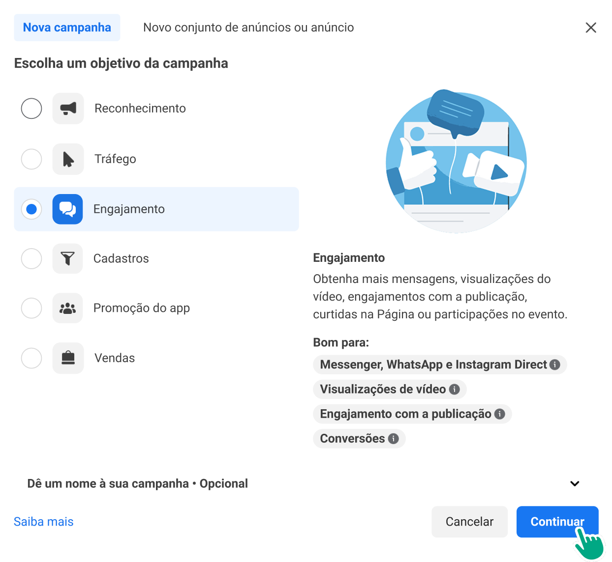 A user selecting a campaign objective from a list of several options and clicking Continue