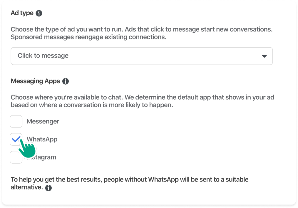 A user selecting WhatsApp under Messaging Apps