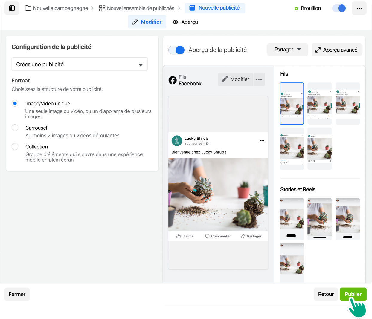 A user selecting Publish on their newly created ad