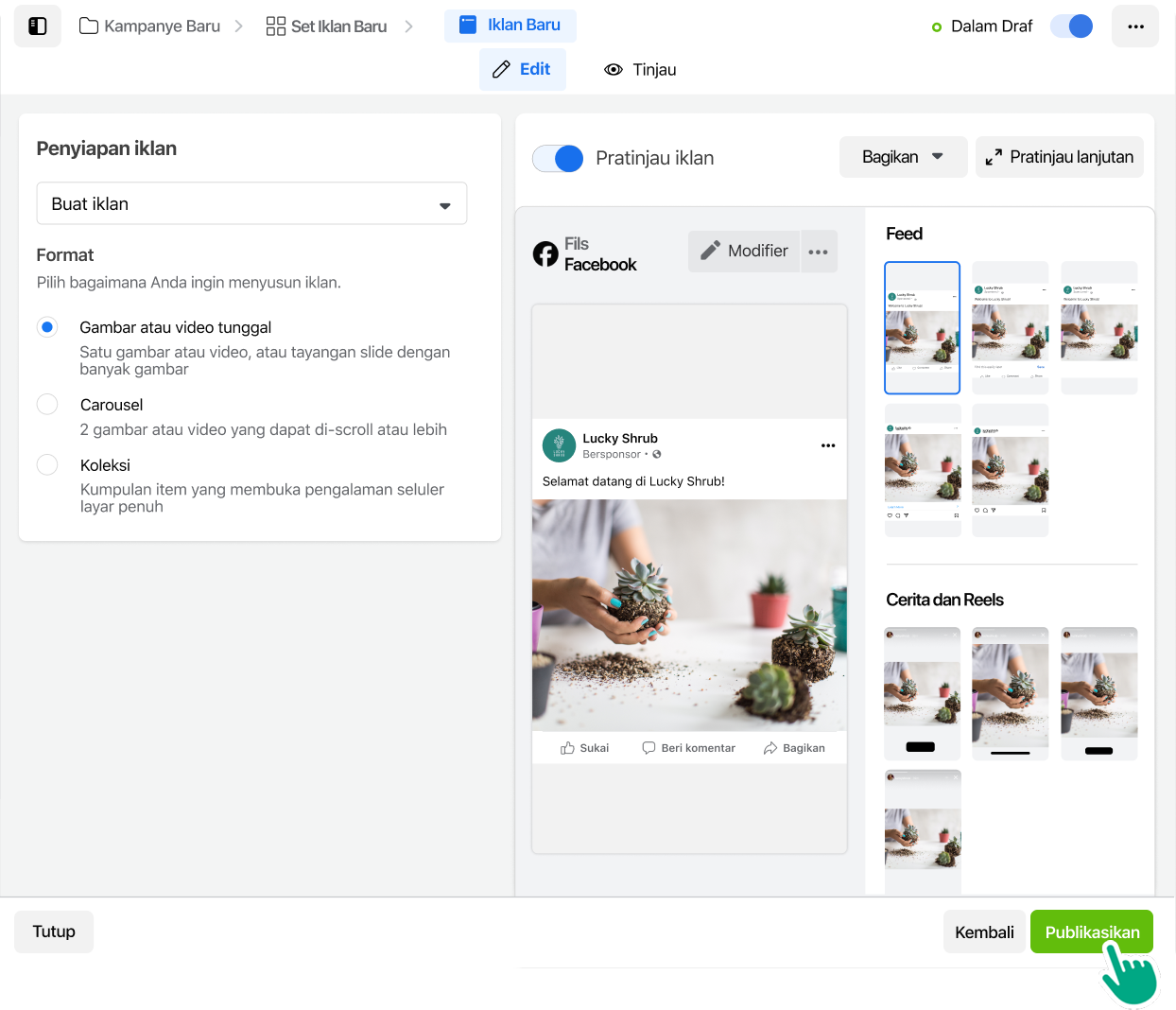 A user selecting Publish on their newly created ad