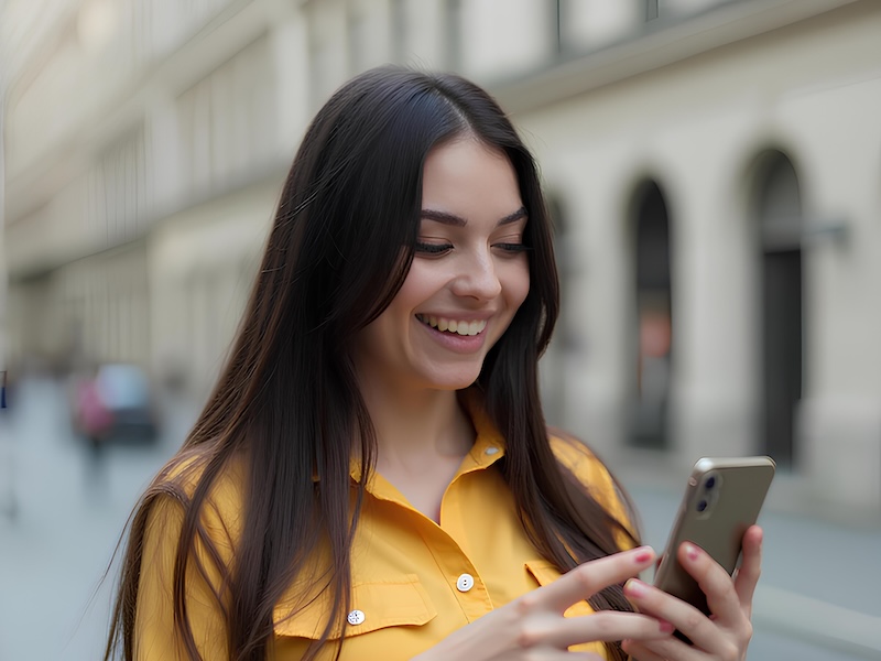 A woman in a yellow button up looking at her phone