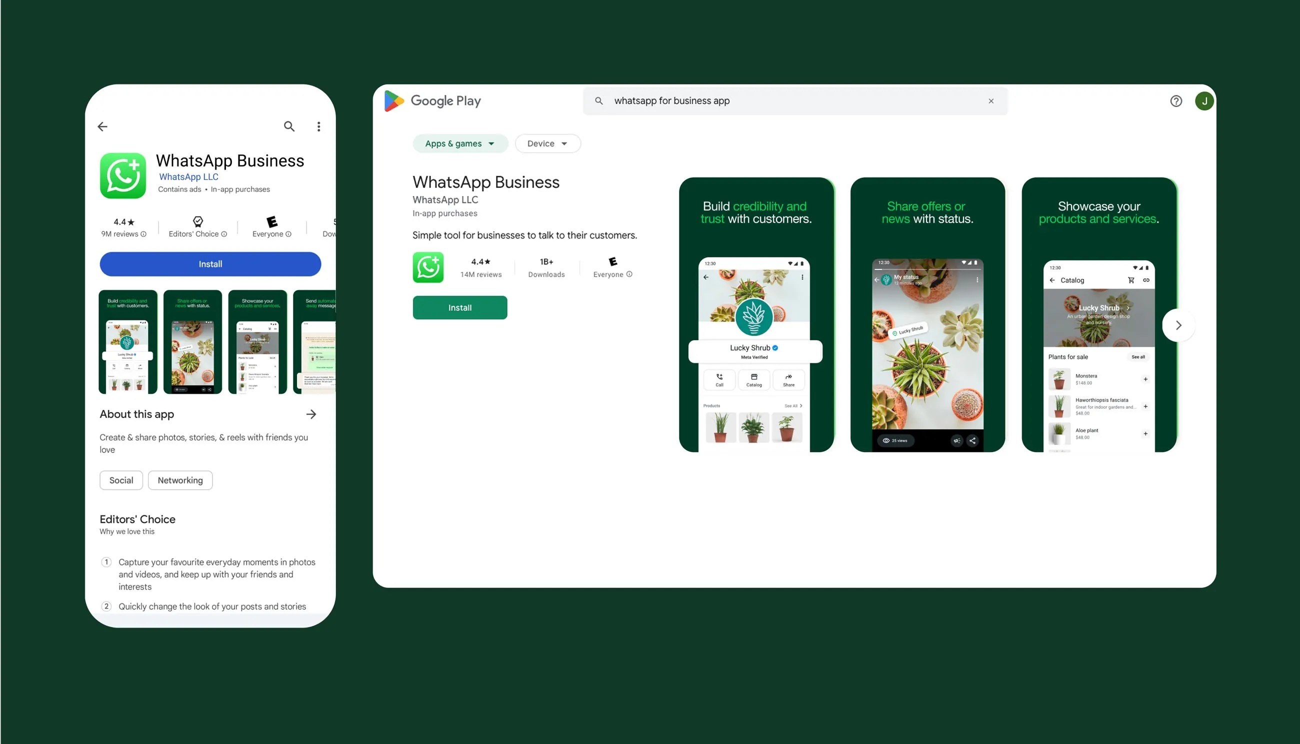 Capture d’écran d’un appareil sur lequel l’application WhatsApp Business est en cours de téléchargement depuis le Google Play Store