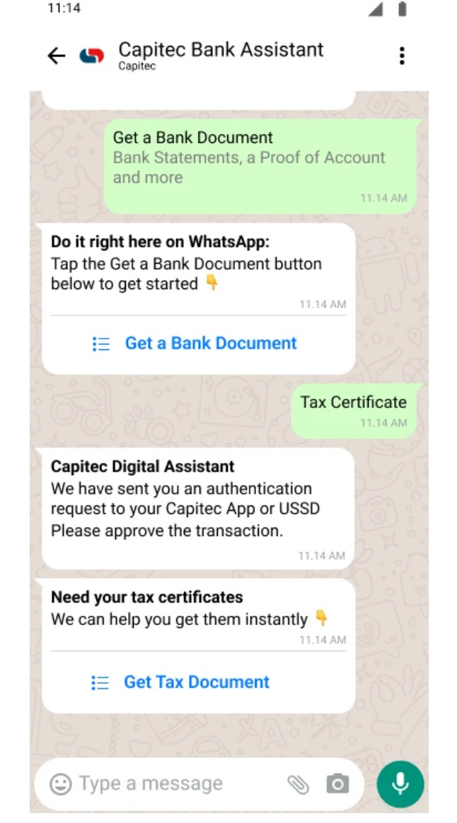 Imagen de la interfaz de la comunicación de Capitec a través de WhatsApp