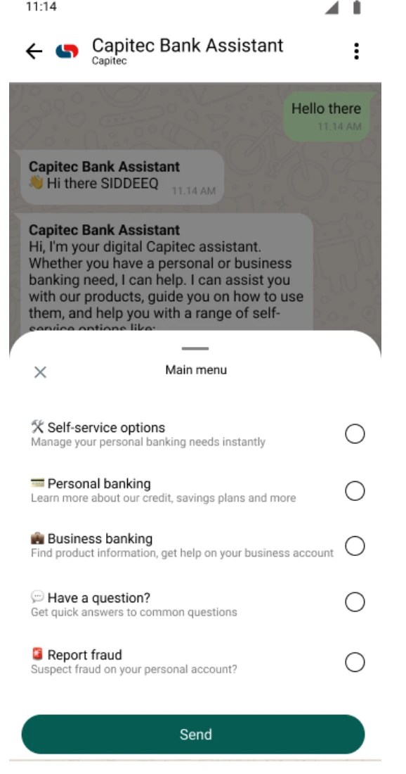 Imagen de la interfaz de la comunicación de Capitec a través de WhatsApp