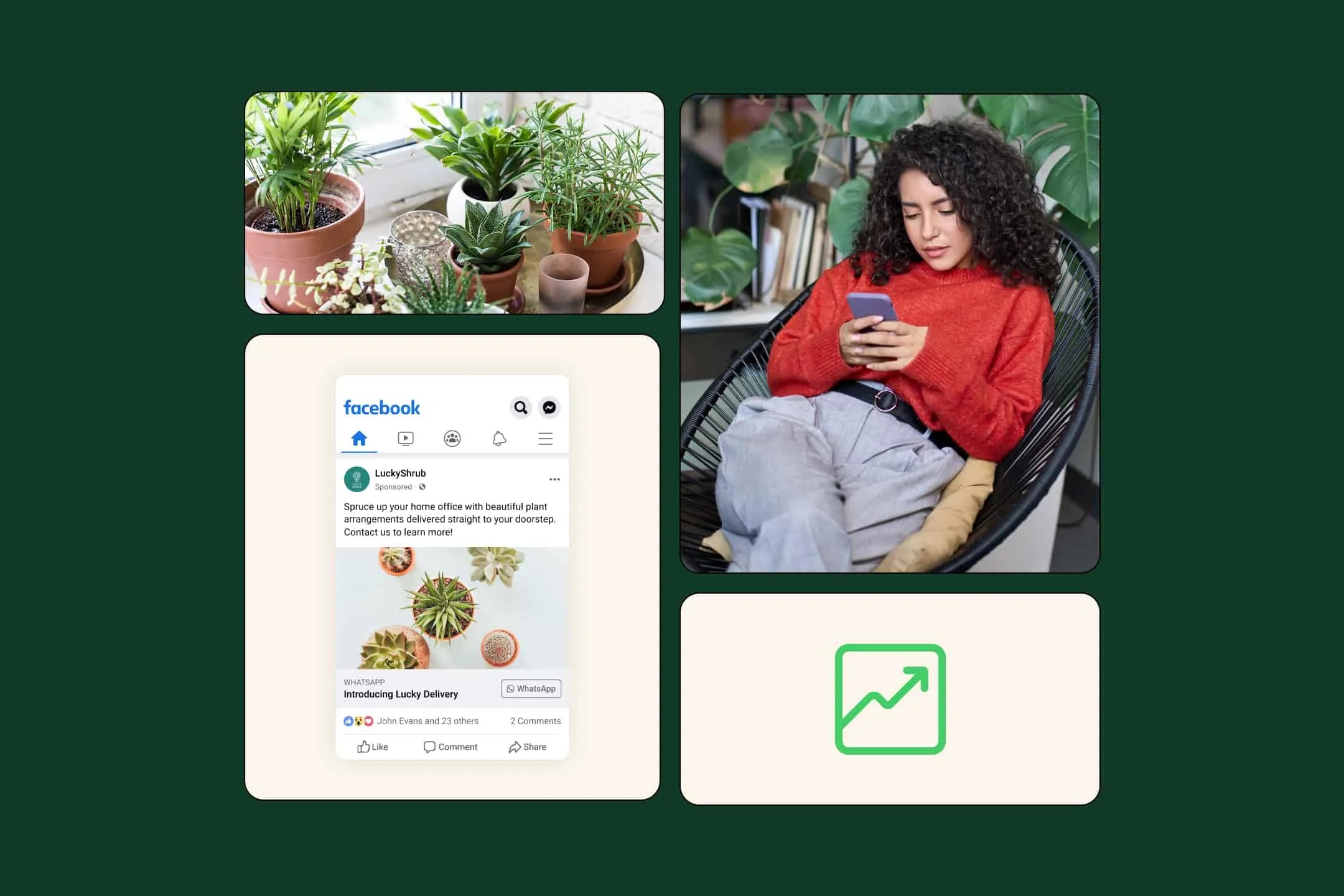 Collage de photos présentant des publicités clic vers whatsapp sur Facebook et une personne parcourant des publicités de remarketing